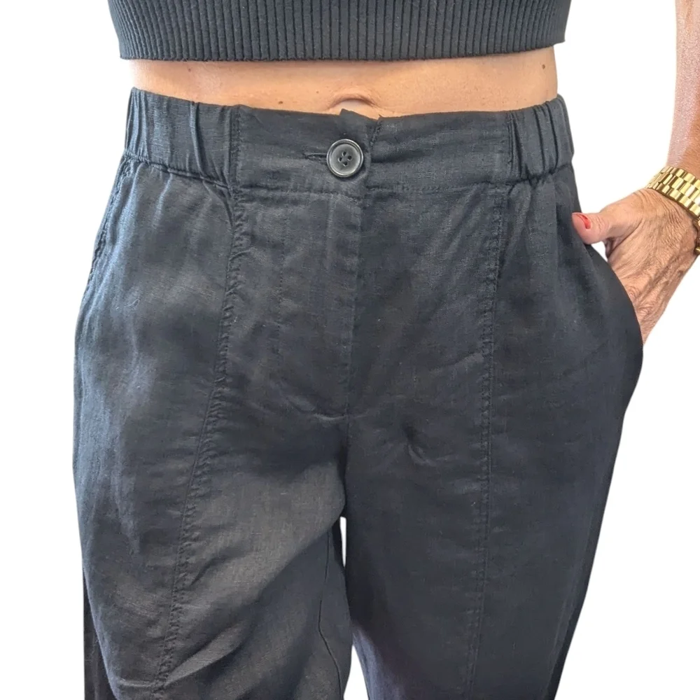 Zara Black 100% Linen Pants XS High Rise Tapered Tie Ankle Minimalist Style